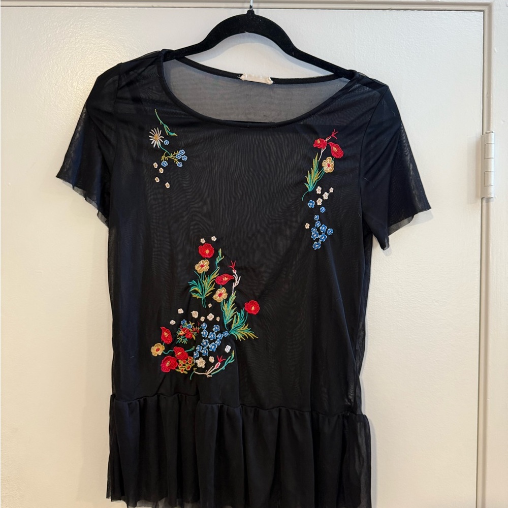 Chic Black Mesh Top with Floral Embroidery